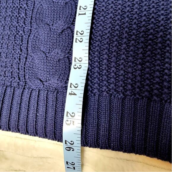 Lands’ End Drifter Women’s Navy Cable Knit Sweater V Neck Striped Trim M 10-12 - Picture 6 of 9